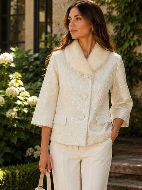 VINTAGE L. STAR Rare Collectible Coquette Metallic Brocade Mink Collar Jacket, M